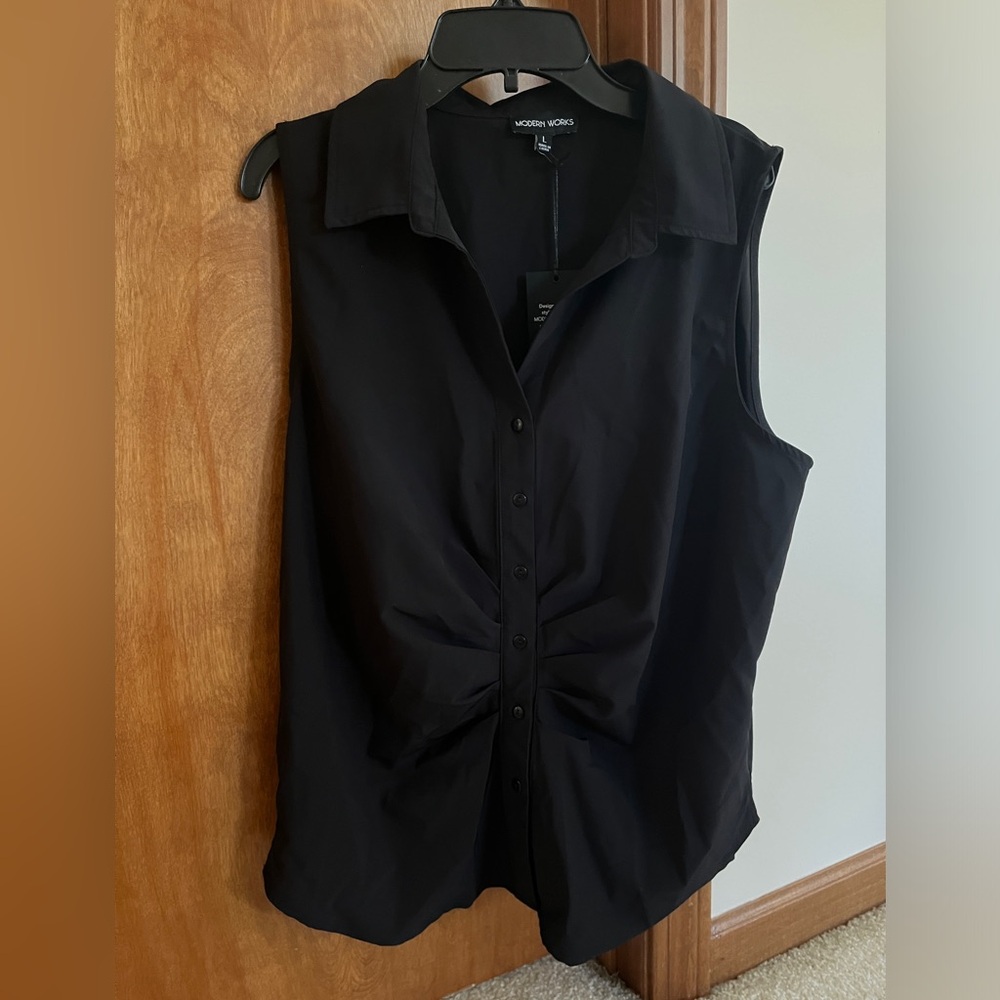 black collared tank with ruched detail on front